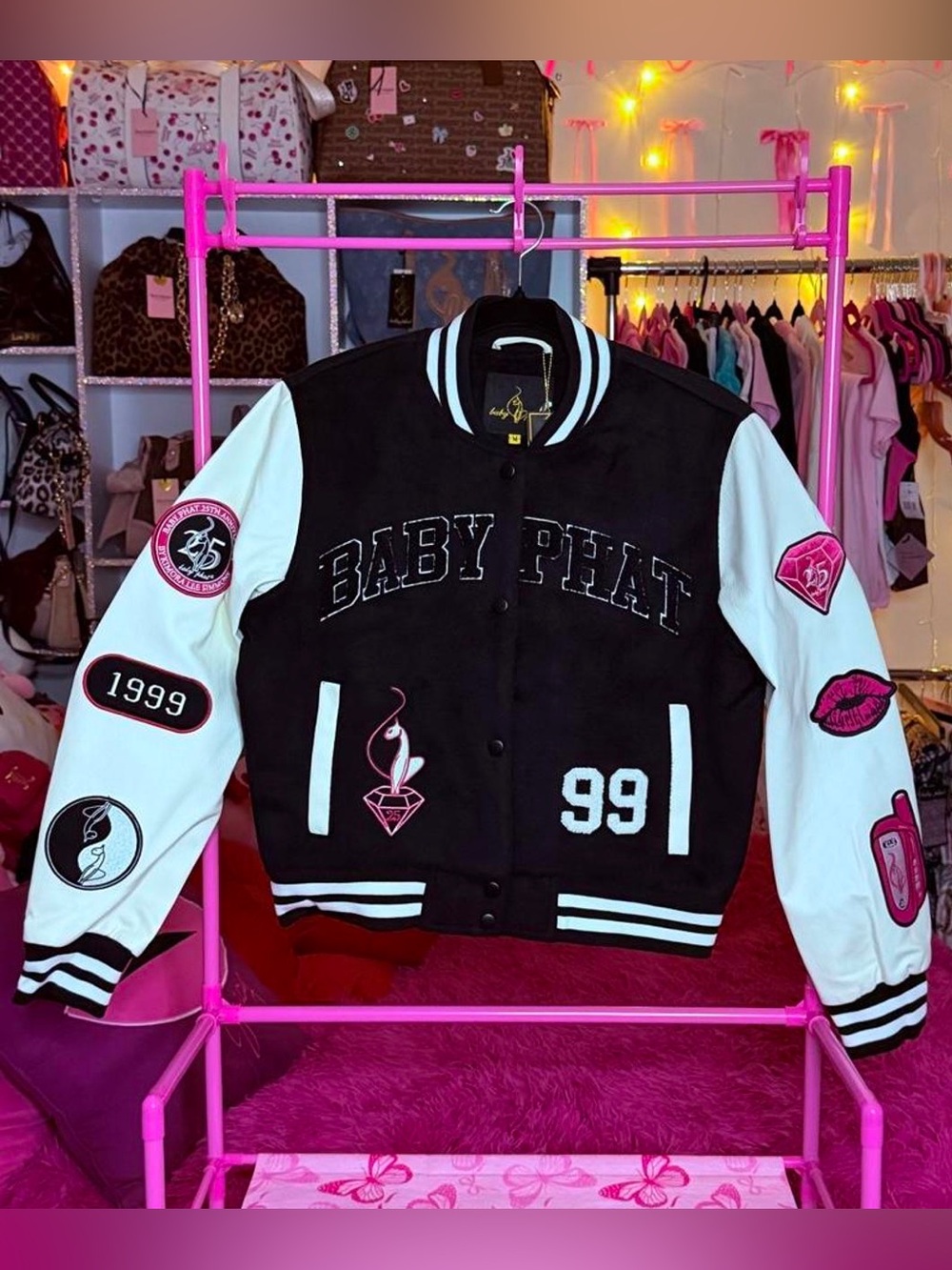 Baby Phat Ladies Varsity Jacket Black Cream Emblem Y2K